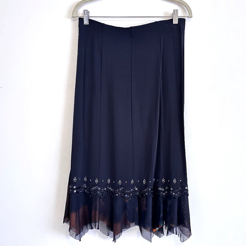 Black Midi Skirt with Mesh and Sequin Detail